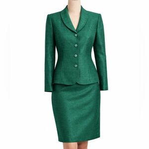 Le Suit Emerald Green Skirt Suit Set Petite 12P Textured Shimmer Career Church